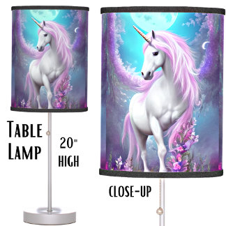 Lampe De Bureau Ajouter un nom Unicorne blanche avec fleurs pourpr