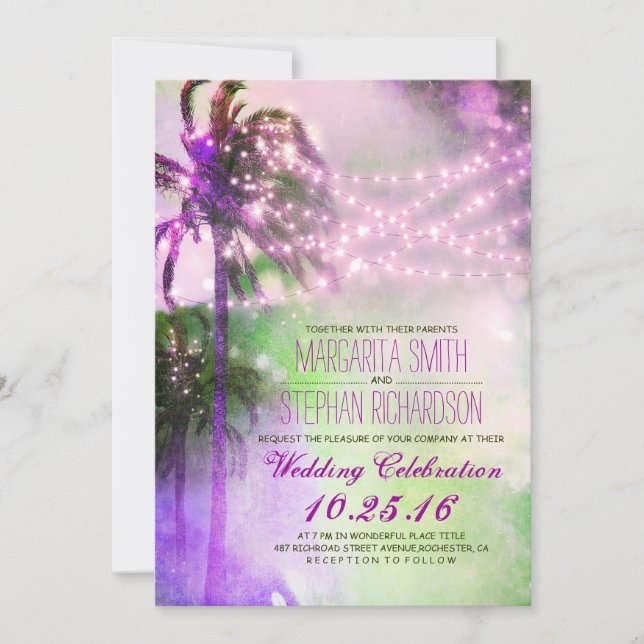 lampes à cordes palmiers plage mariage invitation (Devant)