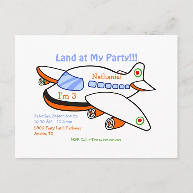 Land at My Party Airplane Themed Kids Invitation Postcard (Front)