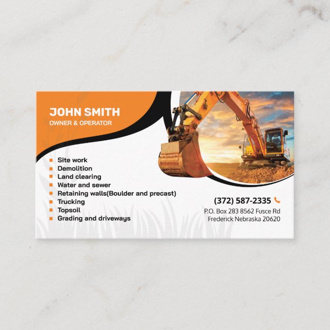 Land clearing, Excavation,Landscaping,Construction Business Card (Front)