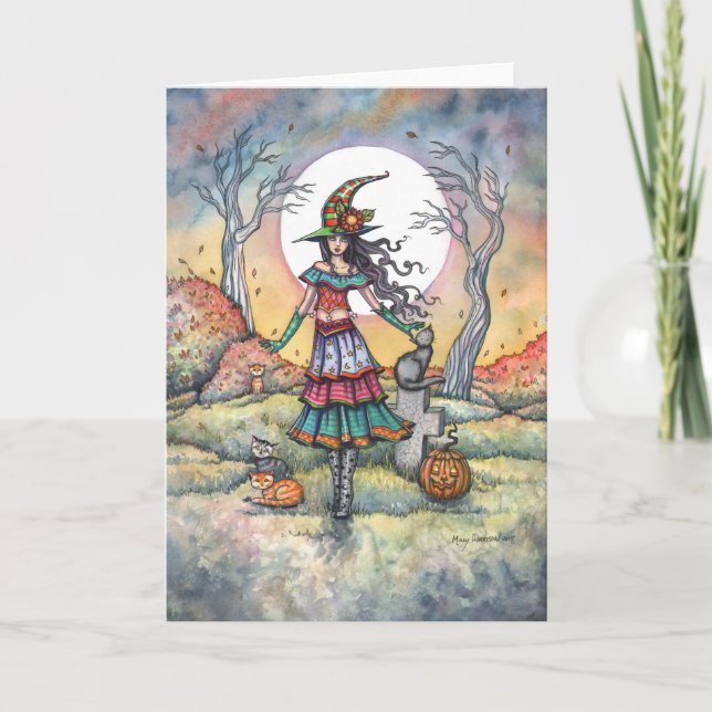 Land of Cats Halloween Witch Fantasy Art Card (Front)