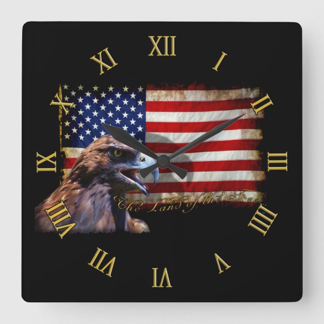 Land of the Free Patriotic US Flag and Eagle Square Wall Clock (Front)
