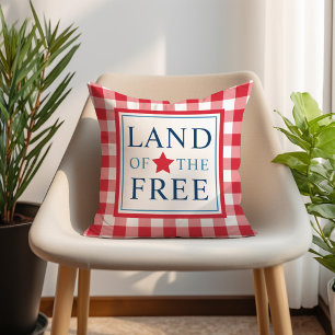 Land of the Free Red Gingham Patriotic Outdoor Pillow