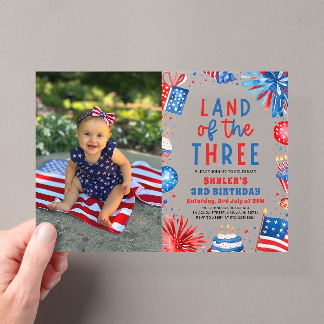 Land of the Three 4th July Patriotic 3rd Birthday  Acrylic Invitations (Insitu (Handheld))
