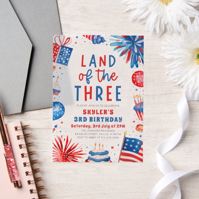 Land of the Three 4th July Patriotic 3rd Birthday  Vellum Invitations (Wedding)