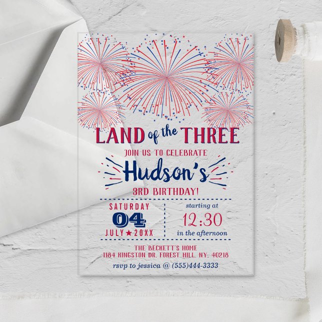 Land Of The Three! 4th Of July 3rd Birthday Party Acrylic Invitations (Creator Uploaded)