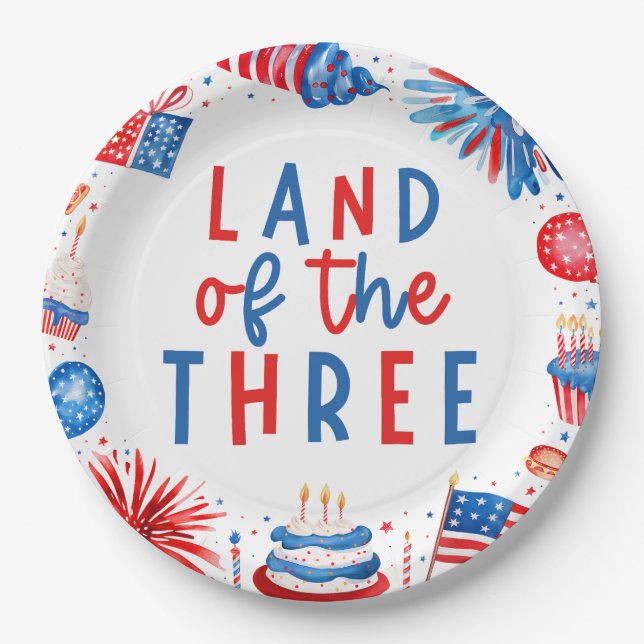 Land Of The Three 4th of July 3rd Birthday Party Paper Plate (Front)