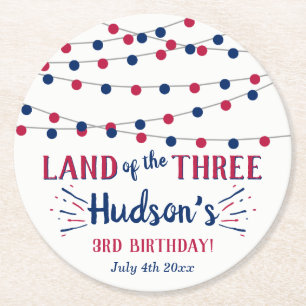 Land Of The Three! 4th Of July 3rd Birthday Party Round Paper Coaster
