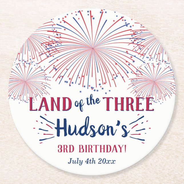 Land Of The Three! 4th Of July 3rd Birthday Party Round Paper Coaster (Front)