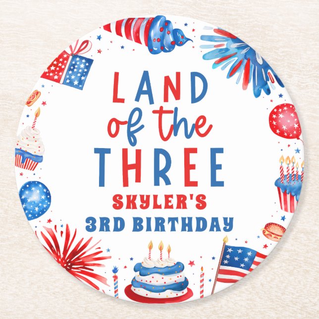 Land Of The Three 4th of July 3rd Birthday Party Round Paper Coaster (Front)