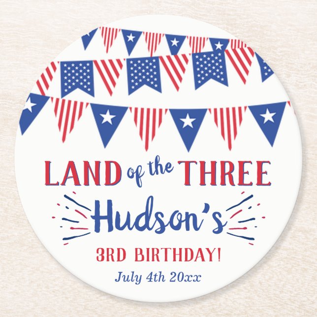 Land Of The Three! 4th Of July 3rd Birthday Party Round Paper Coaster (Front)