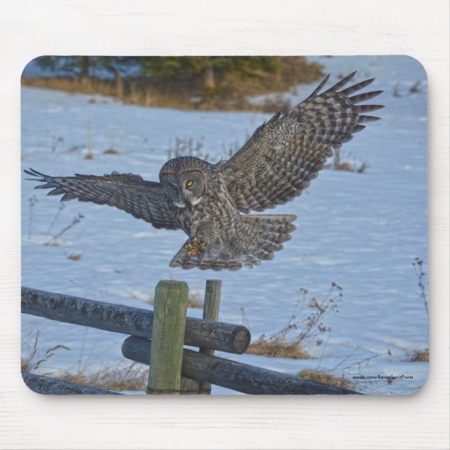 Landing Great Grey Owl and Snow Wildlife Raptor Mouse Pad (Front)