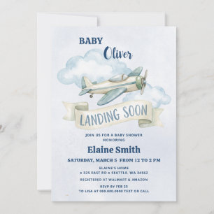 Landing Soon Blue Boy Airplane Baby Shower Invitation