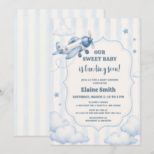 Landing Soon Blue Boy Airplane Baby Shower Invitation