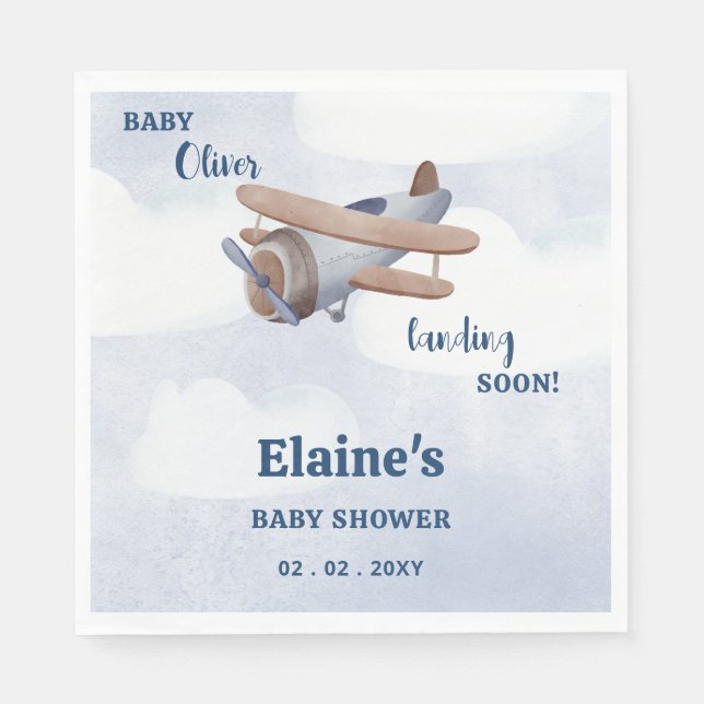 Landing Soon Blue Boy Airplane Baby Shower Napkin (Front)