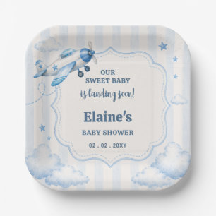 Landing Soon Blue Boy Airplane Baby Shower Paper Plate