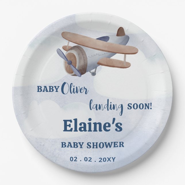 Landing Soon Blue Boy Airplane Baby Shower Paper Plate (Front)