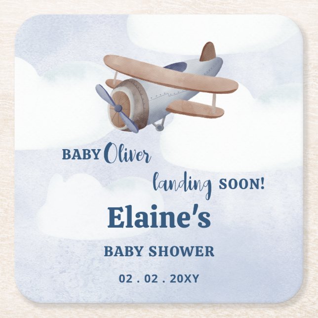 Landing Soon Blue Boy Airplane Baby Shower Square Paper Coaster (Front)