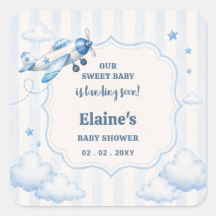 Landing Soon Blue Boy Airplane Baby Shower Square Sticker