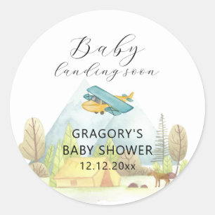 Landing Soon Vintage Airplane Forest Baby Shower Classic Round Sticker