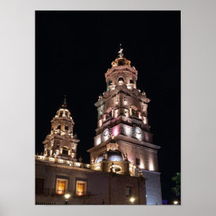 landmark morelia cathedral towers at night poster