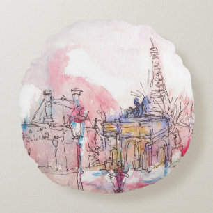 Landmark of Paris with watercolor in a rainy day - Round Pillow