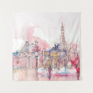 Landmark of Paris with watercolor in a rainy day - Tapestry