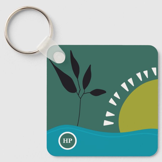 Landscape abstract modern art sun sea tree keychain (Front)
