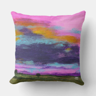 Landscape Art Painting Pink Sunset Tiny Farm House Throw Pillow
