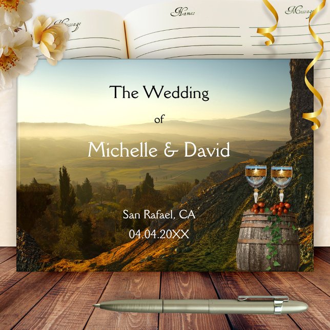 Landscape Art Winery Wine Theme Wedding Guest Book (Vineyard, winery or wine themed wedding guest book showing a landscape with glasses on a wine barrel)