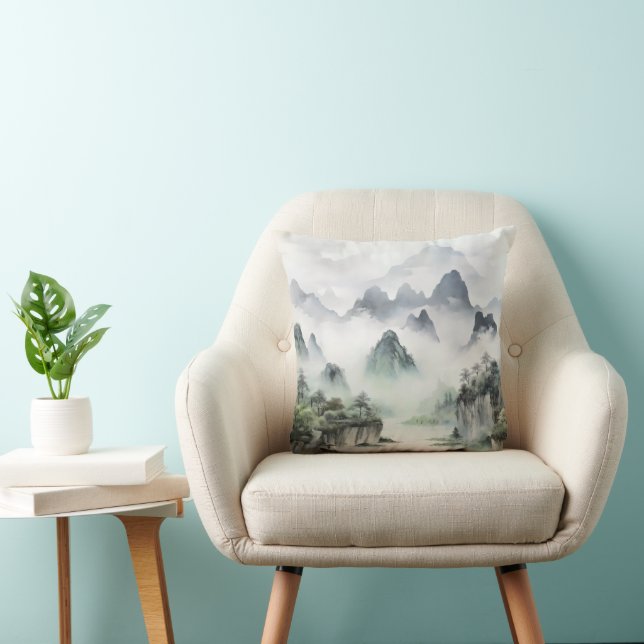 Landscape Asian Painting Throw Pillow (Chair)