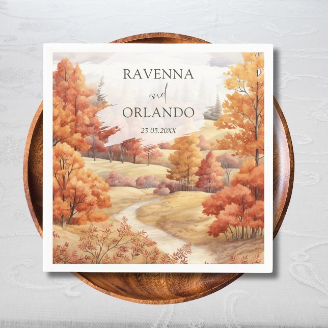 Landscape Autumn Forest Path Leaves Fall Wedding Napkin (Creator Uploaded)