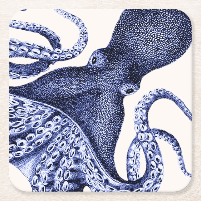 Landscape Blue Octopus Square Paper Coaster (Front)