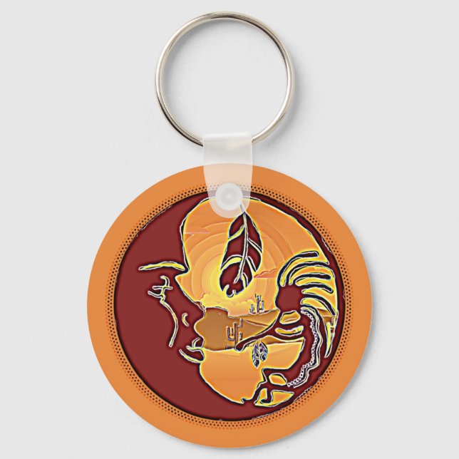 Landscape Button - Kokopelli Moon Feather 1 Keychain (Front)