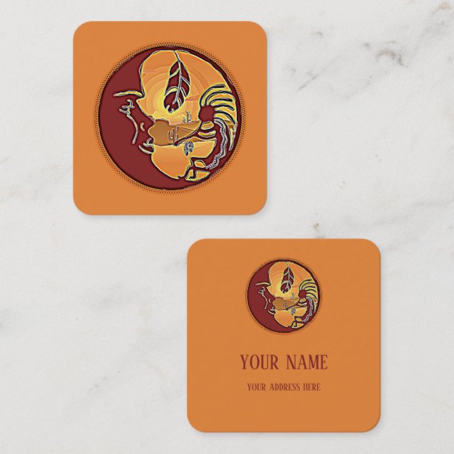 Landscape Button - Kokopelli Moon Feather 1 Square Business Card (Front/Back)