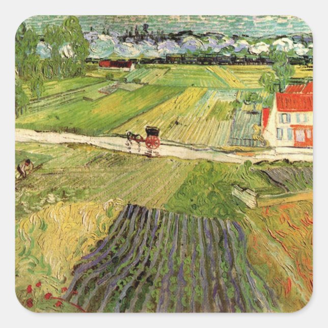 Landscape, Carriage and Train by Vincent van Gogh Square Sticker (Front)