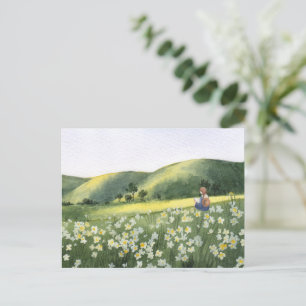 Landscape floral outdoors girl reading a book postcard