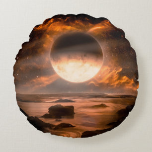 Landscape in fantasy alien planet with flaming moo round pillow