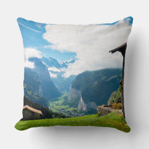 Landscape in Lauterbrunnen valley in Switzerland Throw Pillow