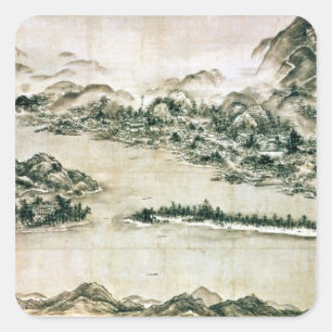 Landscape of mountains and a river square sticker