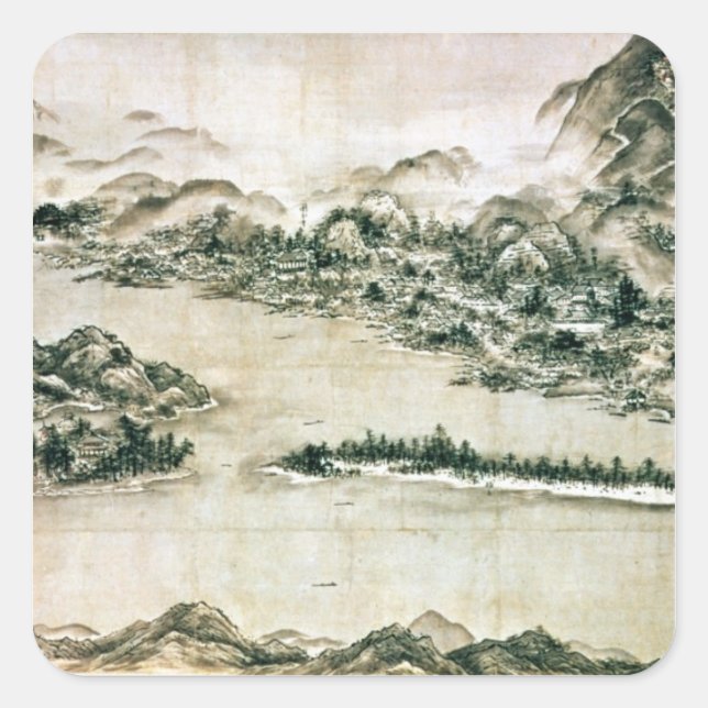 Landscape of mountains and a river square sticker (Front)