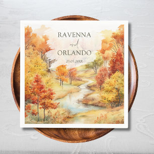 Landscape Red Autumn River Forest Fall Wedding Napkin