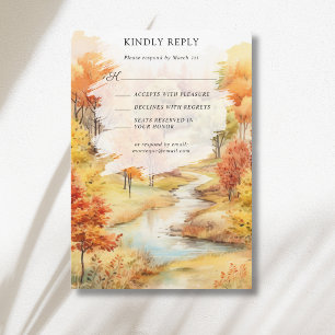 Landscape Red Autumn River Forest Fall Wedding RSVP Card