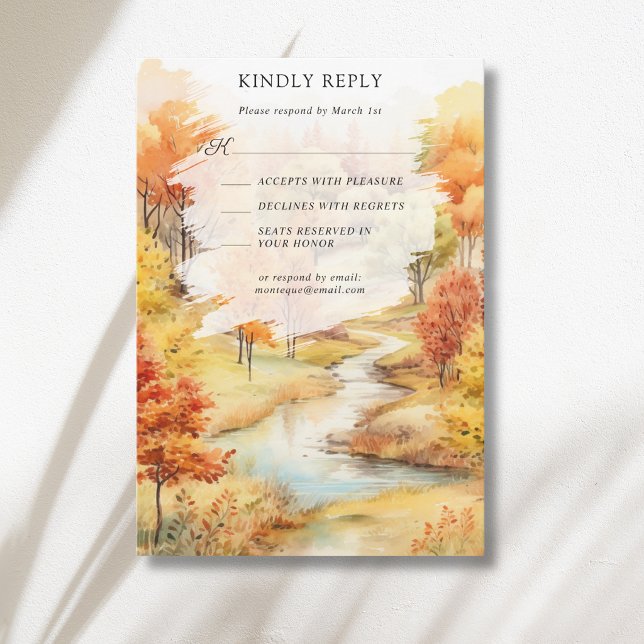 Landscape Red Autumn River Forest Fall Wedding RSVP Card (Creator Uploaded)