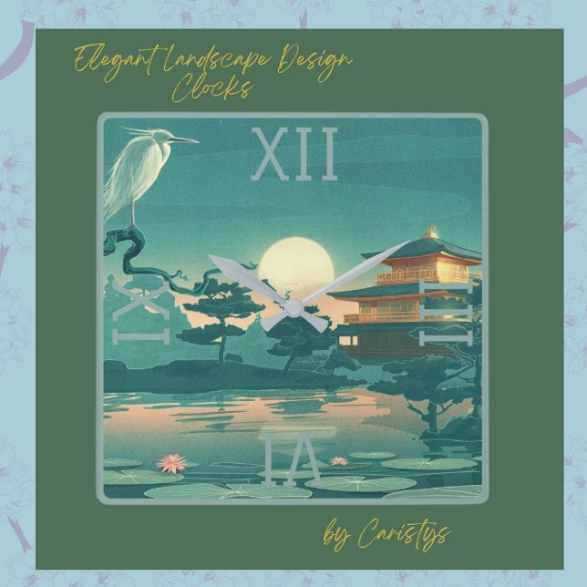 Landscape Scene Pagoda Crane Square Wall Clock (Creator Uploaded)