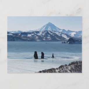 Landscape: three rocky islands in bay and volcano postcard