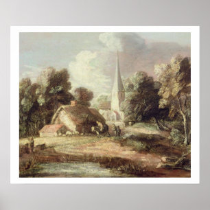 Landscape with a Church, Cottage, Villagers and An Poster