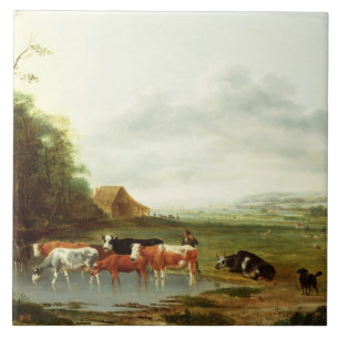 Landscape with a Herdsman and Cattle (oil on canva Tile