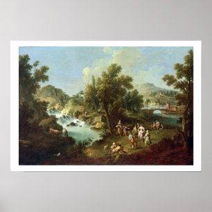 Landscape with a River and Dancing Peasants (oil o Poster