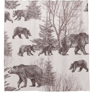 Landscape with bears, cubs, winter trees and fir t